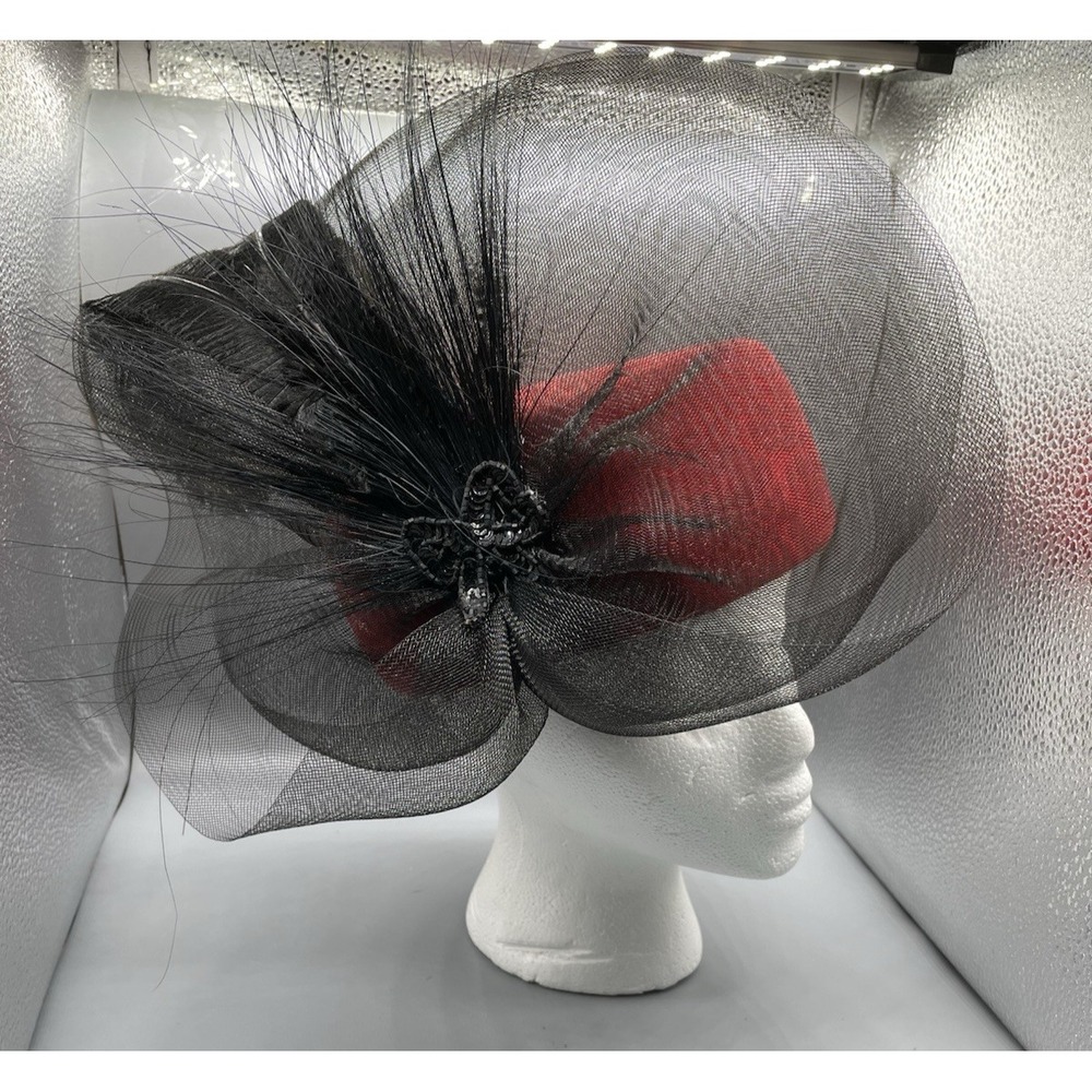 Vintage Michael Howard unique Pillbox Statement Red Black Wool Hat Feather